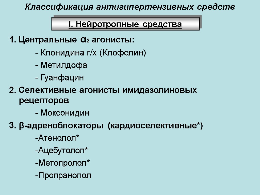 Классификация антигипертензивных средств 1. Центральные α2 агонисты: - Клонидина г/х (Клофелин) - Метилдофа -